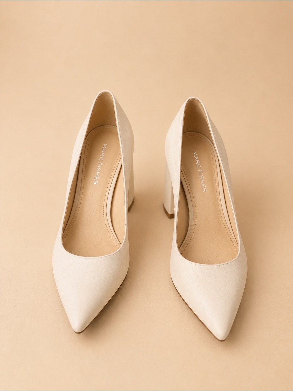 Marc Fisher Beige Pointed Toe Block Heel Pumps